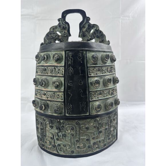 Antique Chinese Dynasty Bronze Ware Xizhou 2 Dragon Ear Clock Bell Zhong statue - Picture 4 of 9